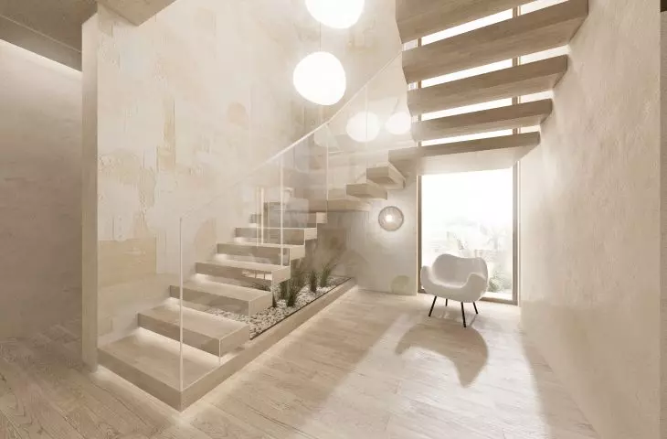 Na ścianach zastosowano mikrocement w piaskowym odcieniu