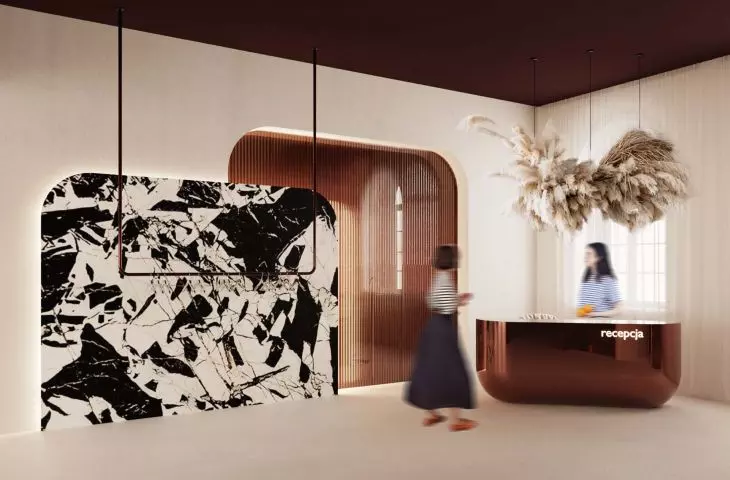 The reception desk is located on the second floor of the building