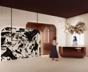 The reception desk is located on the second floor of the building