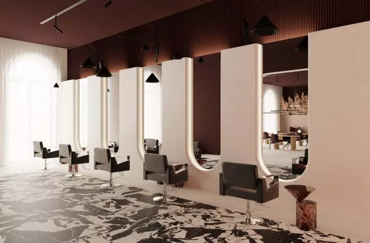 Hairdressing stations, characteristic elements are oval, illuminated mirrors