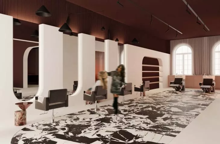 A strong accent is the black and white stone floor