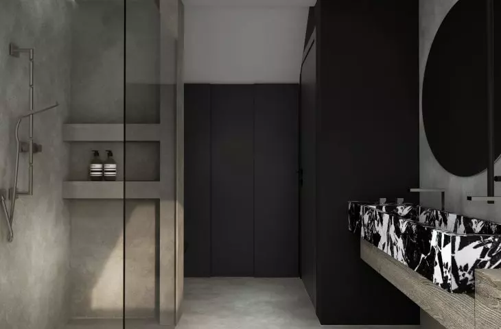 Bathroom in muted colors with an accent sink