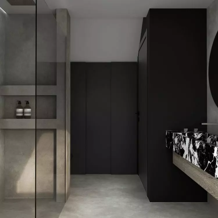 Bathroom in muted colors with an accent sink