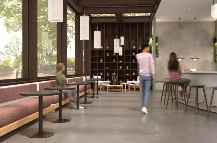 The interiors of the tea house are inspired by the wabi-sabi philosophy