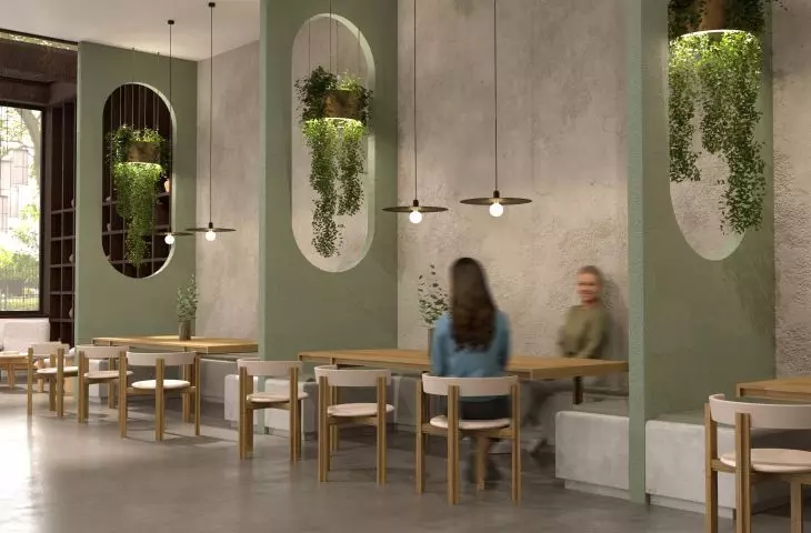 The walls between the lodges are filled with vegetation