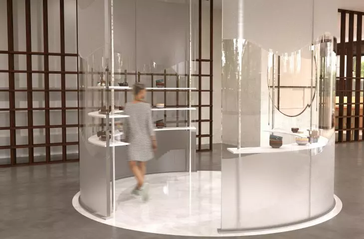 The exhibition space contrasts with the other interiors of the teahouse