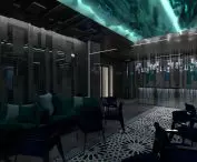 The cafe space is kept in subdued colors