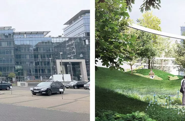 Changing the program in the city space; transforming a parking lot into a park in Mokotow, Warsaw