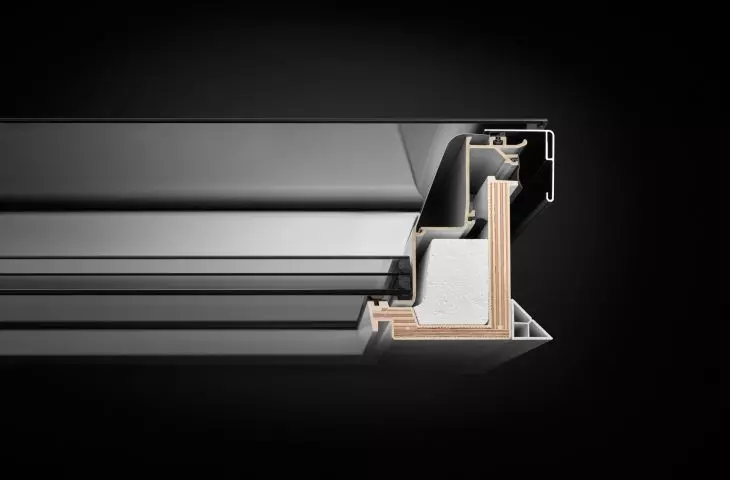 Cross-section of a CVU three-pane opening window with a flat glass module