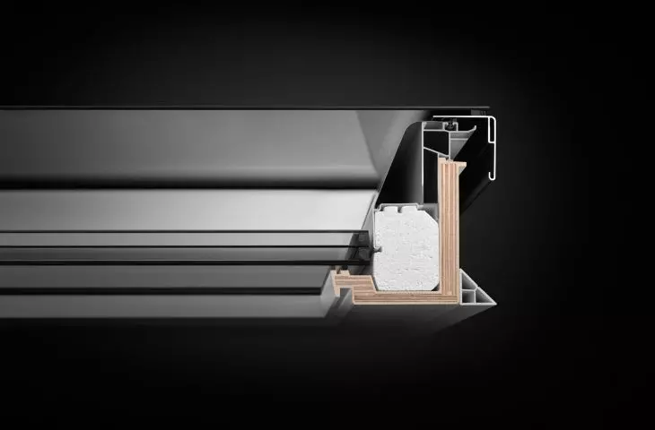 Cross-section of a three-pane non-opening CFU window with a flat glass module