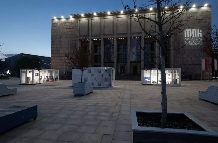The works are presented in containers 