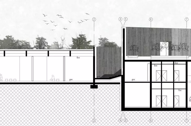 Projekt nowego obiektu muzeum w Treblince, przekrój A-A