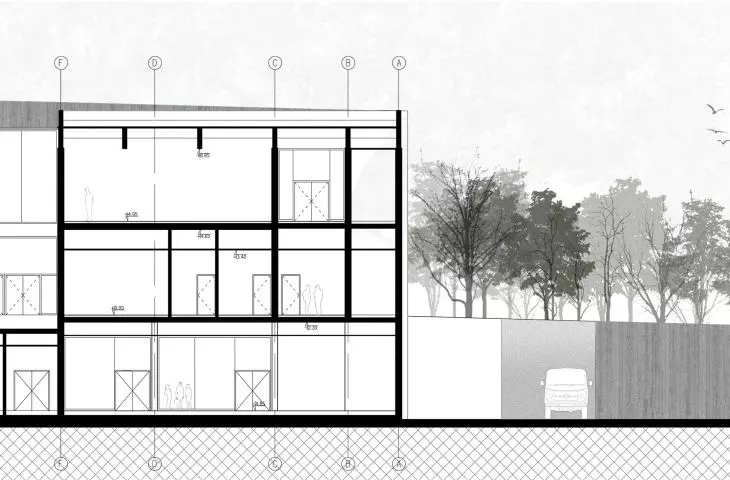 Projekt nowego obiektu muzeum w Treblince, przekrój B-B