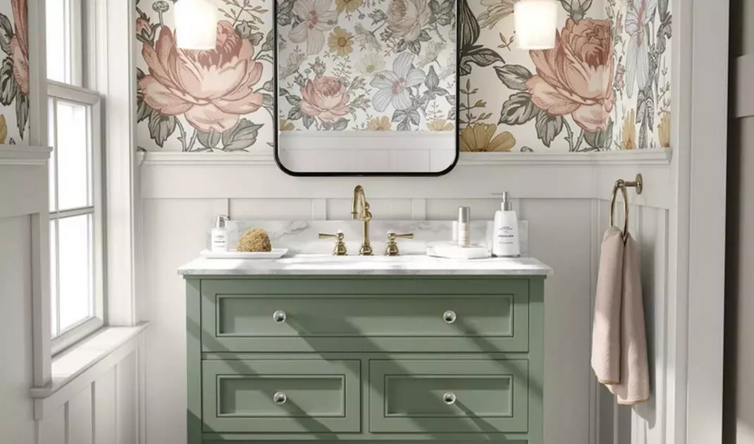English style bathroom with ornate wallpaper