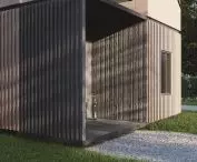 Dom modułowy, detal wejścia z lamelami