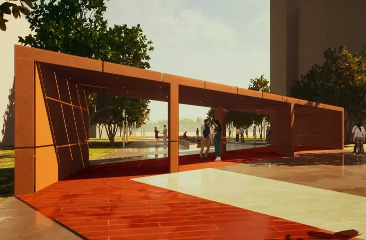 The canopy is designed with corten sheet metal