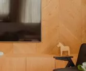 The wall in the living room is made of natural wood