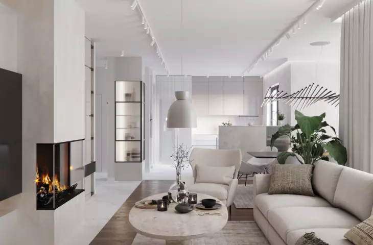 Living room, dining room and kitchen