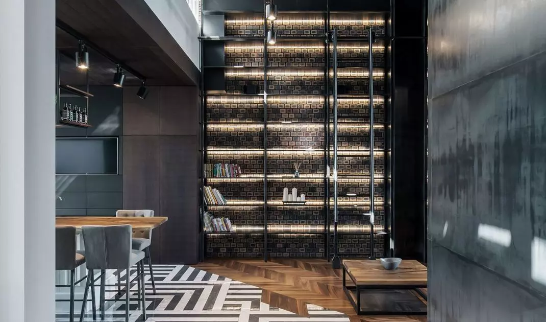 Composition created with tiles and parquet flooring