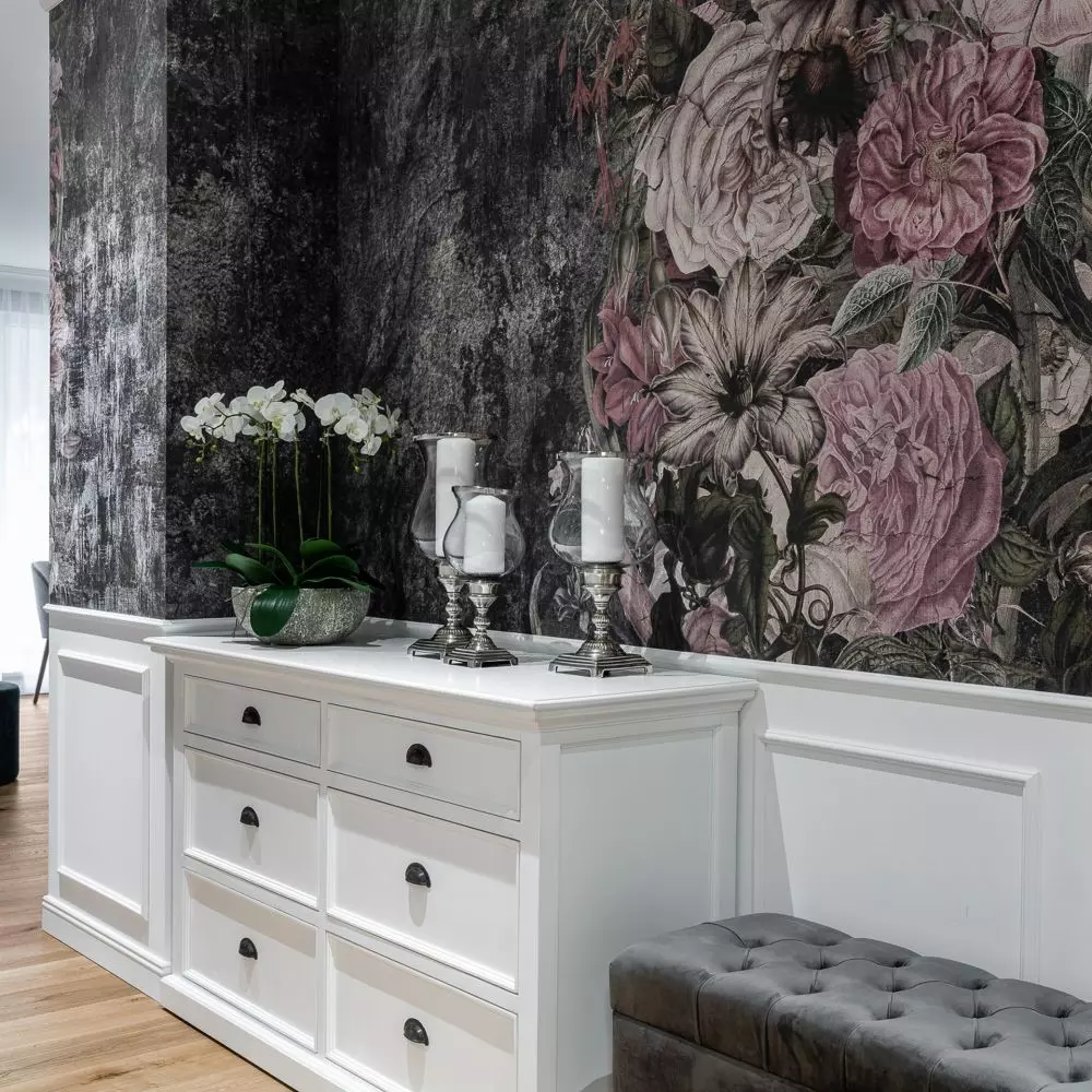Hallway with floral wallpaper