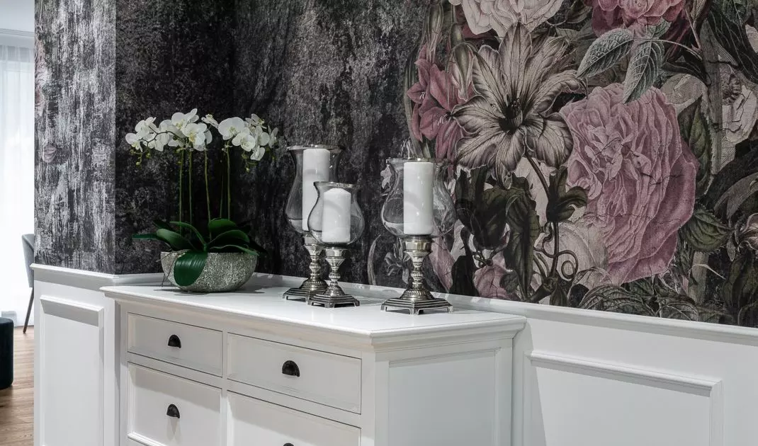 Hallway with floral wallpaper