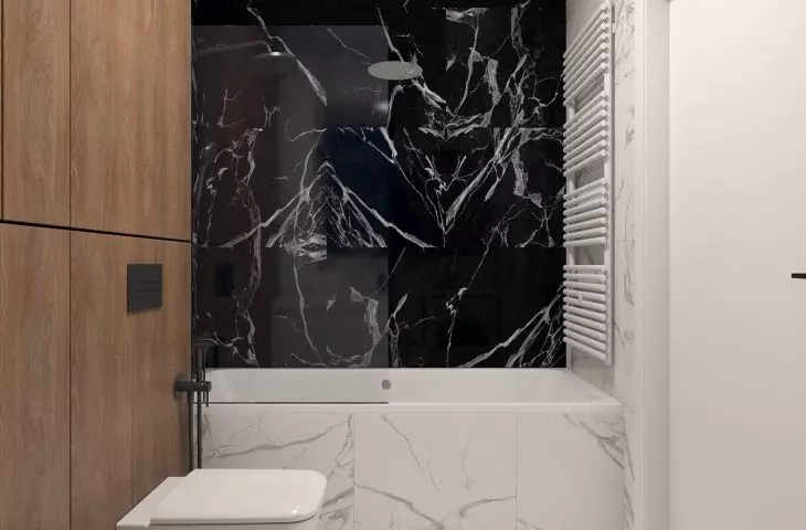 Black and white bathroom design visually warmed by built-in cabinets made of wood