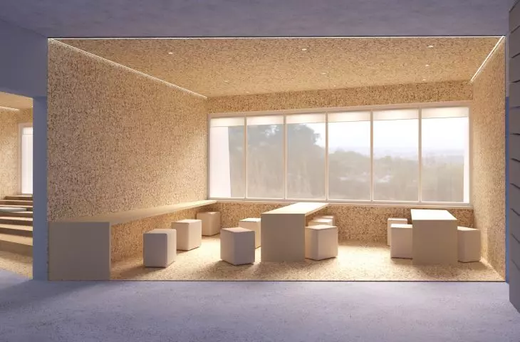 Naturalny korek i beton architektoniczny to główne materiały zastosowane w projekcie