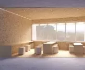 Naturalny korek i beton architektoniczny to główne materiały zastosowane w projekcie