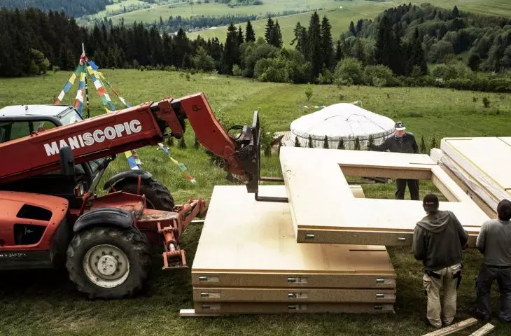 The house was assembled using a small crane