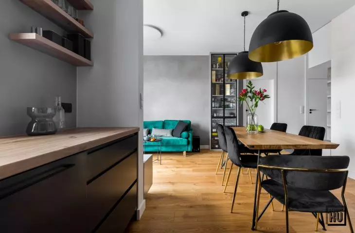 Kitchen, living room and dining room
