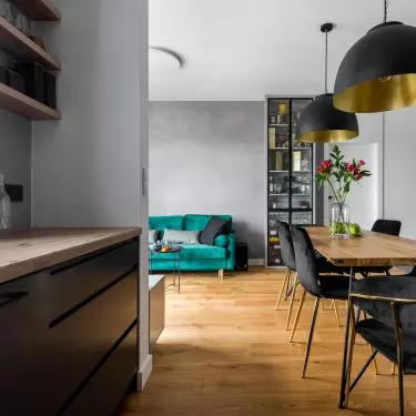 Kitchen, living room and dining room