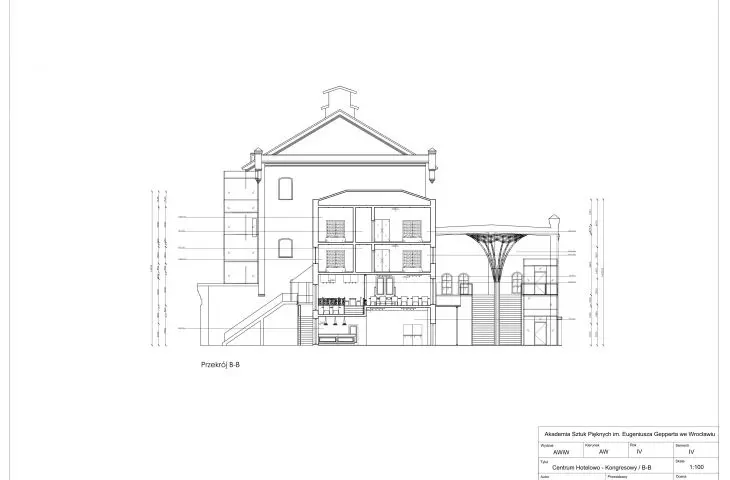 Interior adaptation project of Browar Mieszczański in Wrocław, cross-section B-B