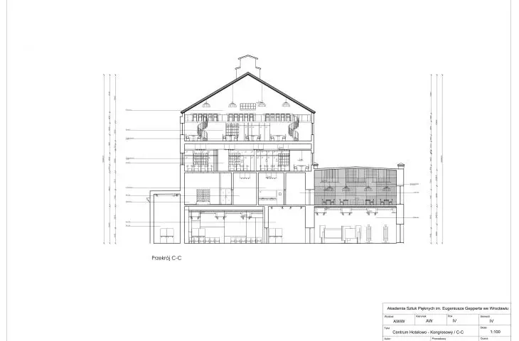 Interior adaptation project of Browar Mieszczański in Wrocław, cross-section C-C