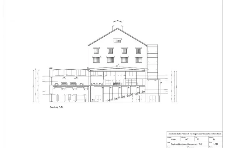 Interior adaptation project of Browar Mieszczański in Wrocław, section D-D