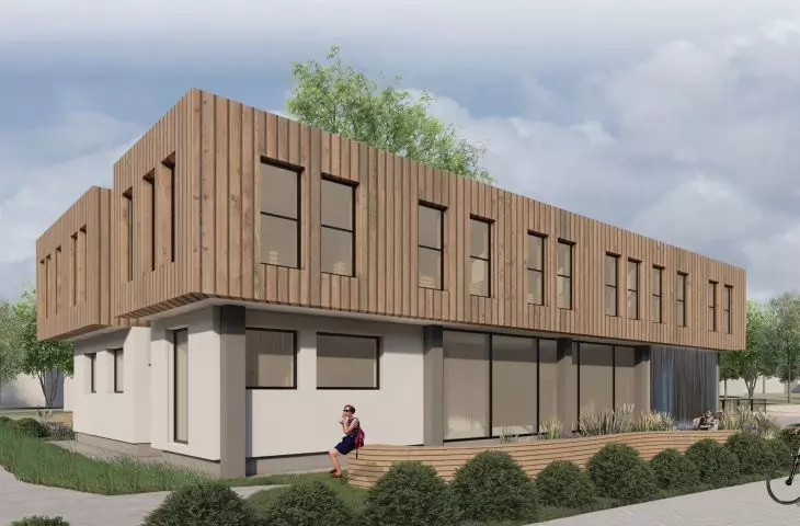 I Nagroda w konkursie na projekt Domu Sportowca, charakterystyczna elewacja
