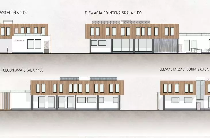 I Nagroda w konkursie na projekt Domu Sportowca, elewacje