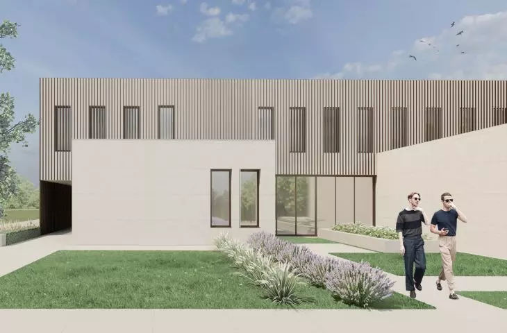 Wyróżnienie honorowe w konkursie na projekt Domu Sportowca, elewacja z drewna i betonu