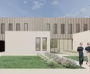Wyróżnienie honorowe w konkursie na projekt Domu Sportowca, elewacja z drewna i betonu