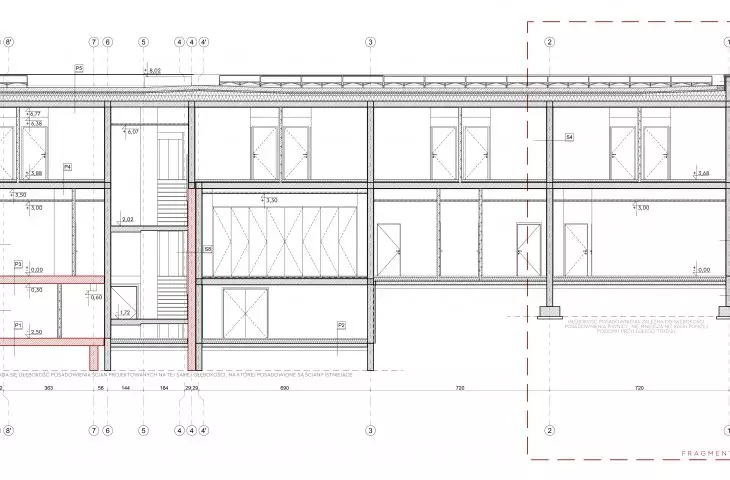 Wyróżnienie honorowe w konkursie na projekt Domu Sportowca, przekrój B-B