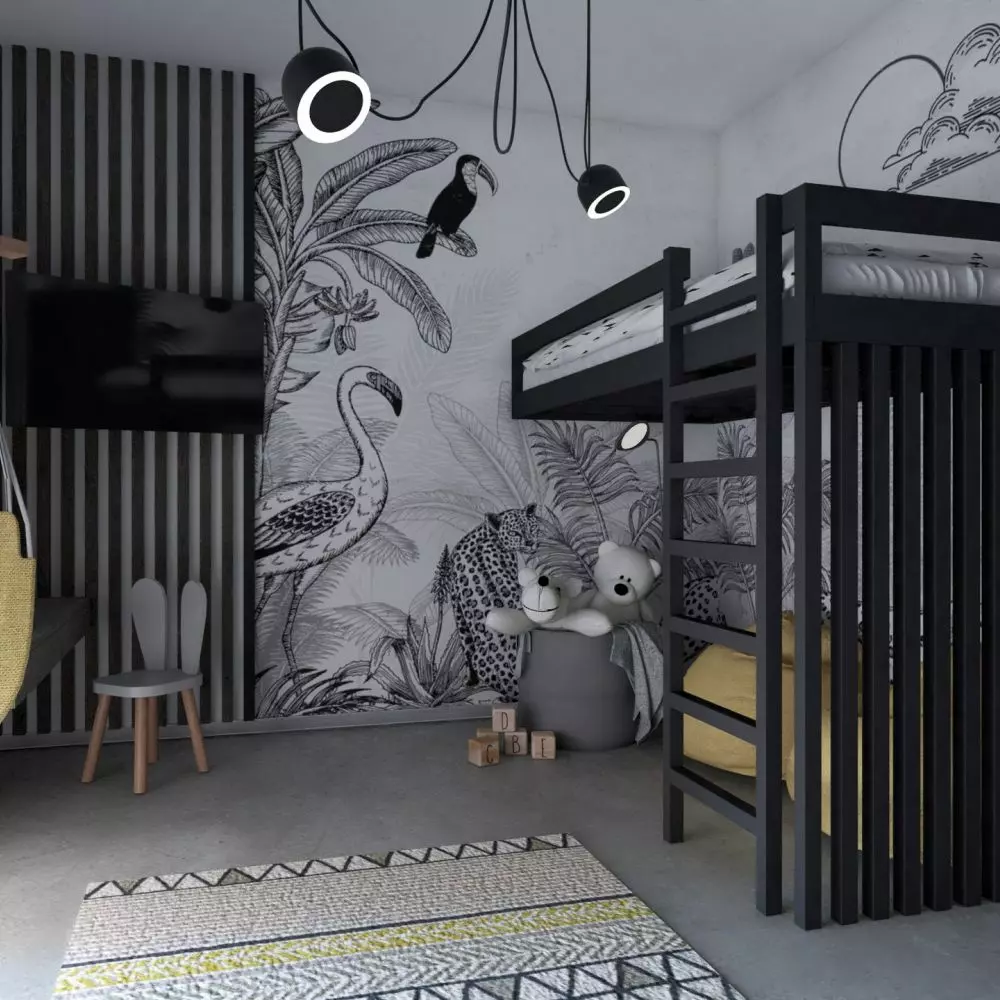Children's room in shades of gray