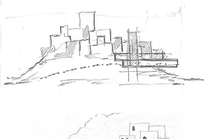 Design of a concert hall in the Italian town of Craco, sketches