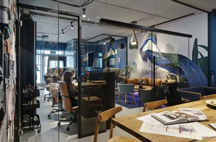 different parts of the office are separated by a glass wall