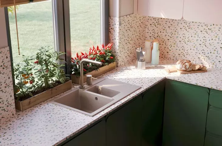 Kitchen countertop using terrazzo
