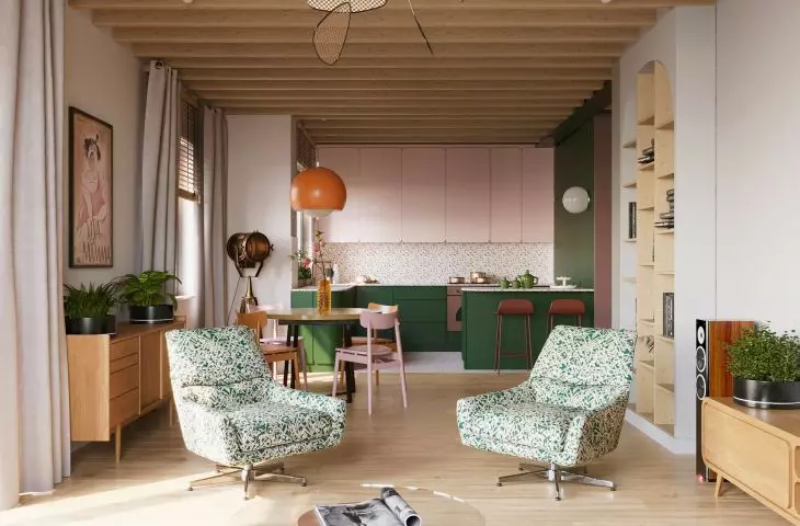 Furniture and objects in the living room have iconic forms