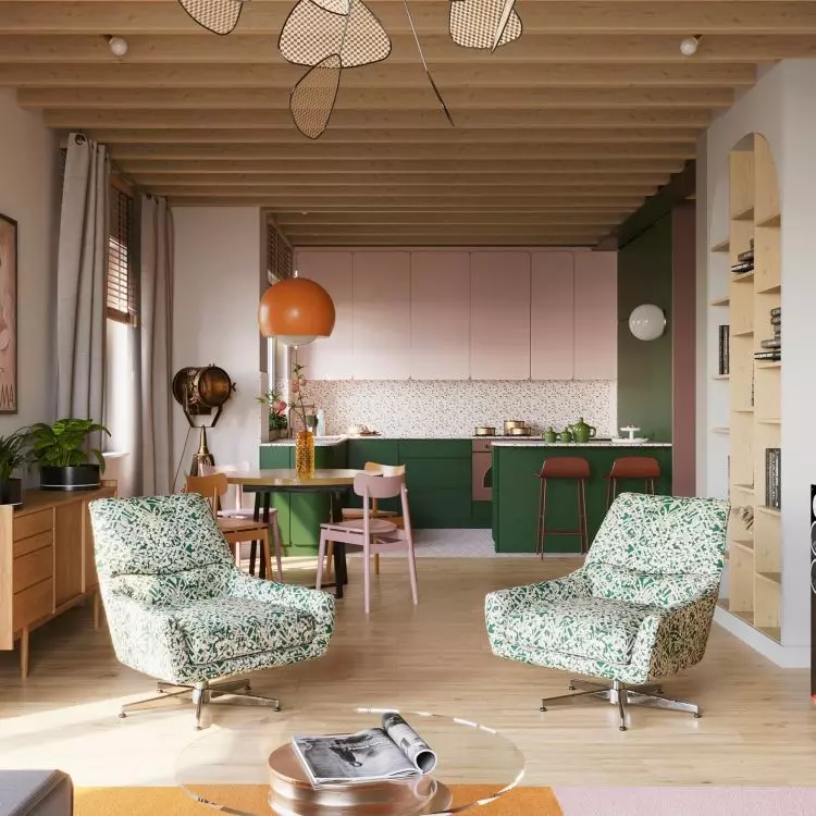 Furniture and objects in the living room have iconic forms