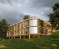 The building is founded on stilts and has large glazed areas