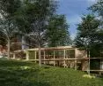 The body of the building consists of terraces going down the hill