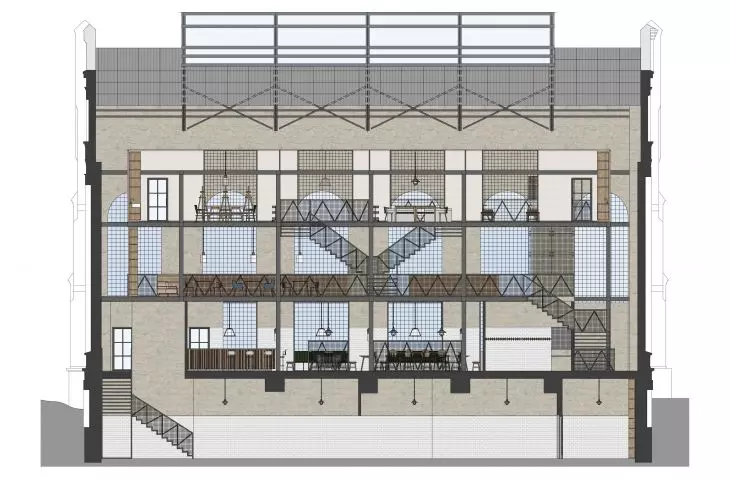 Design of the Ecological Artistic Manufactory, longitudinal section of the arrangement