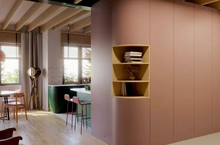 Rounded wall between hallway and kitchen