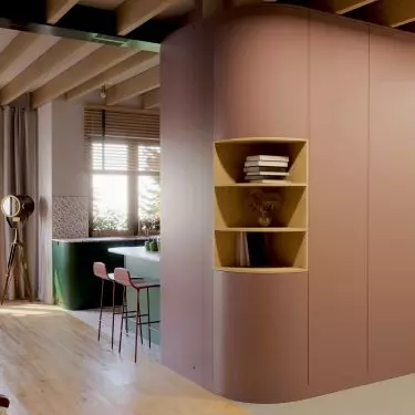 Rounded wall between hallway and kitchen